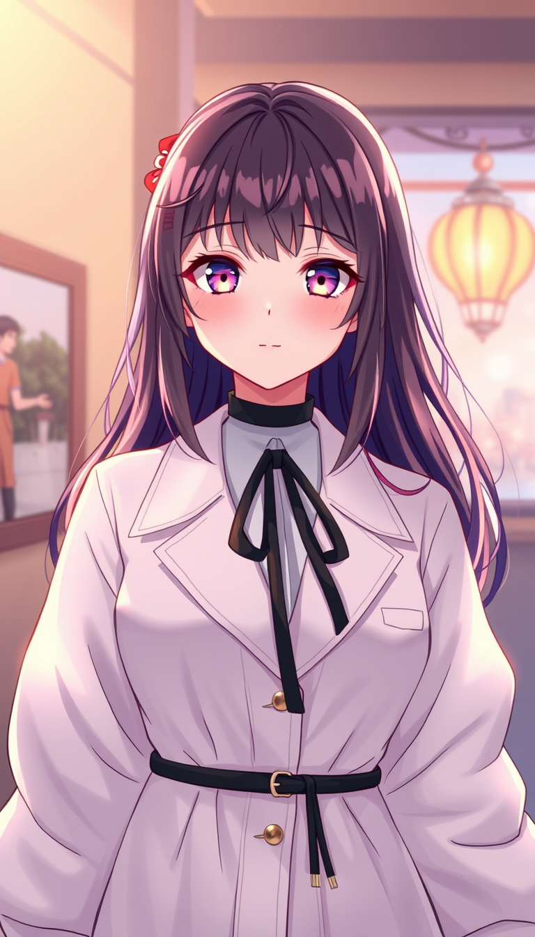 Main art studio: vtuber avatar, anime style, expressive eyes, soft rim light и ещё чтобы она была одета вы белое длинное платье облегающее и чтобы она была в полный ро