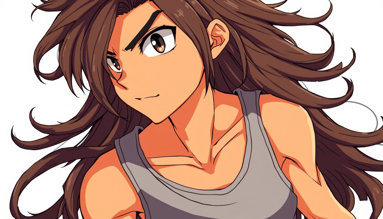 Anime idea: anime style, vibrant colors, expressive eyes, Tan dark browncurly long and wavy hair side profile side eye mad face light gray tank top and shorts gre