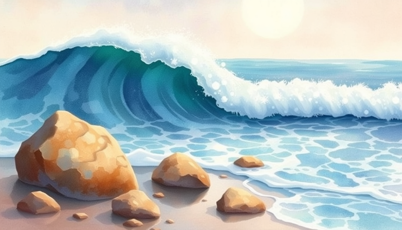 Main art studio: Gentle ocean waves notice the forgotten rocks. The waves seem alive, smiling kindly as they rush toward the shore. White sea foam reaches the lonely s
