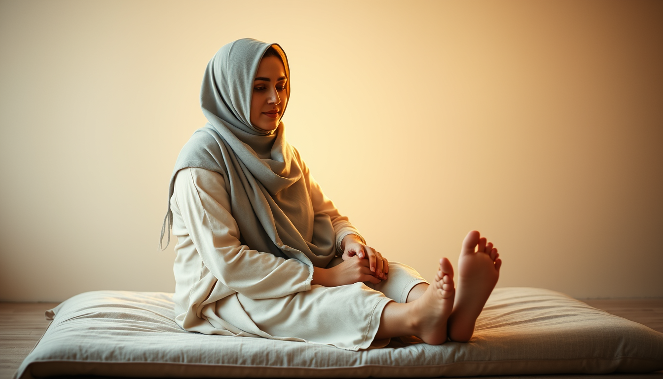Main art studio: "A 30-year-old Iranian woman wearing a light scarf and modest clothing, sitting on a soft surface, her bare pinkish soles visible, warm golden light,