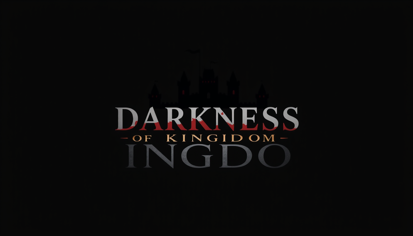 Logo idea: logo design, clean minimal mark, bold simple shapes, balanced composition, DARKNESS OF KINGDOM, dark fantasy medieval logo, gothic letters, dark castl