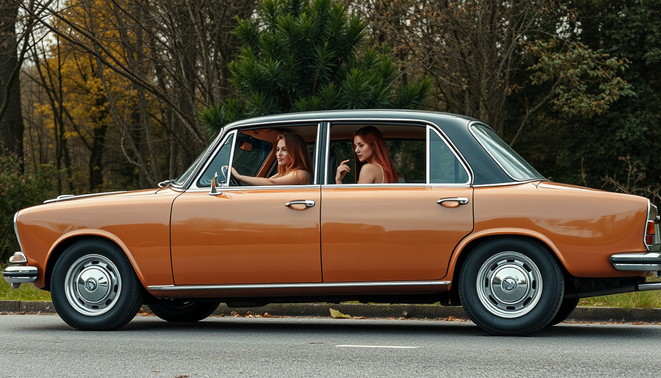 Main art studio: Das Bild soll das Auto von außen von der Seite zeigen. Ein großes, luxuriöses Auto mit braunen, vintage Ledersitzen ist von einer Scherenhebebühne hoc