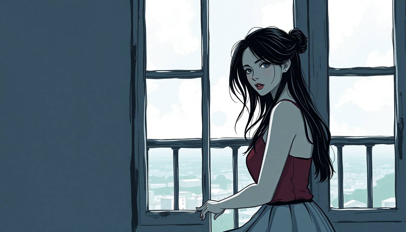 Main art studio: hola.necesitamos una imagen de una chica en el balcon gritando para una portada de novela q sea tetrico y titulado la sombra del balcon pero hacelo es