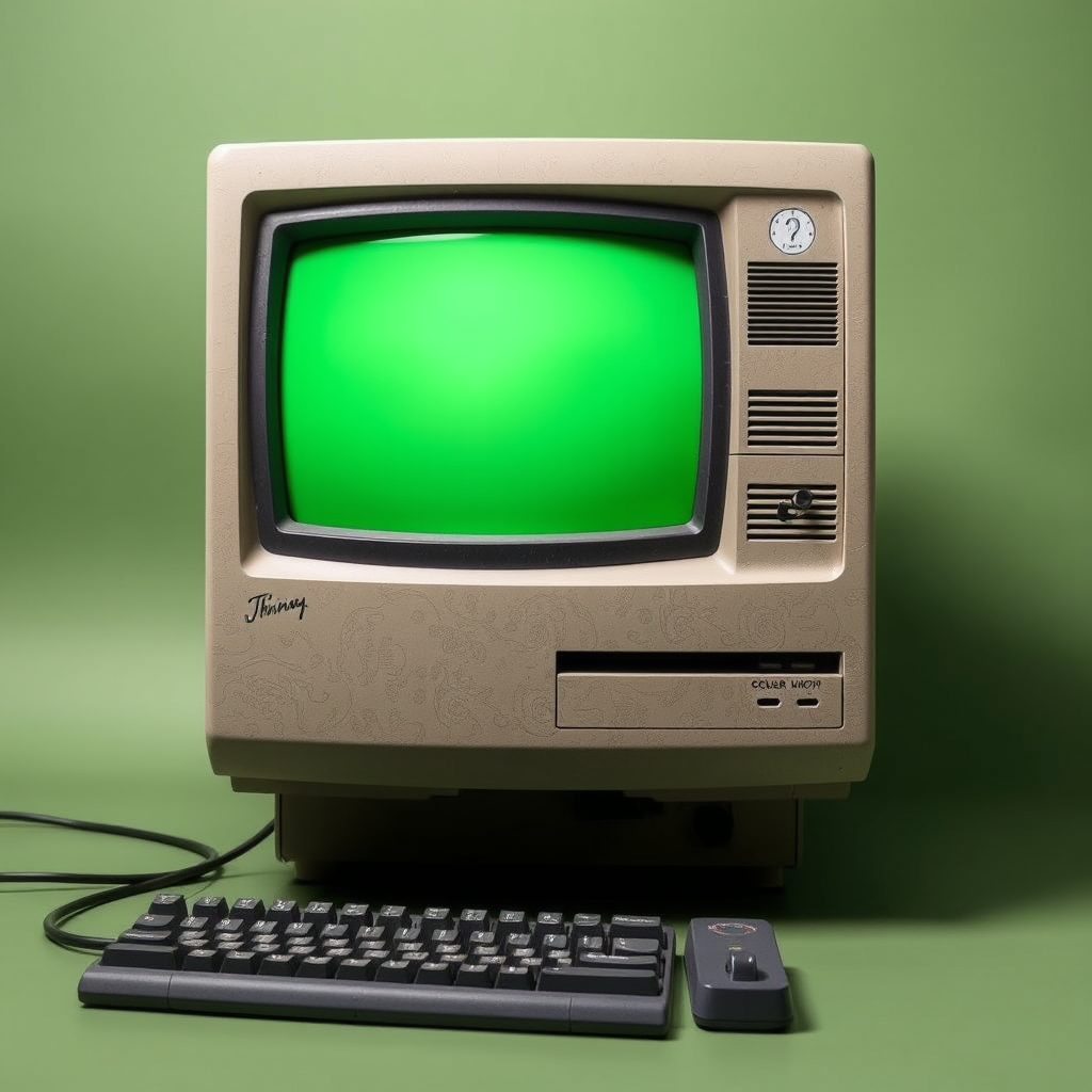 Main art studio: A old computer facing us in front of a green screen
