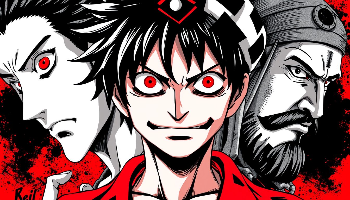 Anime idea: anime style, vibrant colors, expressive eyes, Epic anime crossover portrait featuring Gojo Satoru, Ryomen Sukuna, Monkey D. Luffy, and Imam Ali repres