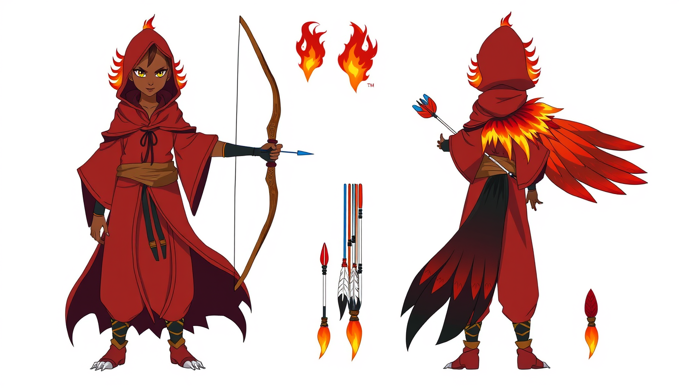 Main art studio: Character reference sheet of an ancient, divine warrior guardian grandma with a lean, archer build and dark tanned skin. She has flame shaped hair and