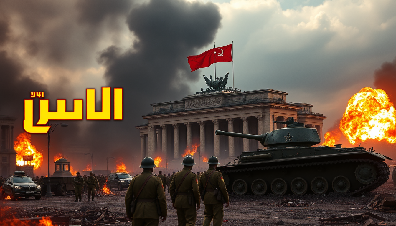 Main art studio: Create a dramatic, cinematic YouTube thumbnail about the Fall of Berlin in May 1945, World War II. A devastated Berlin cityscape filled with burning b