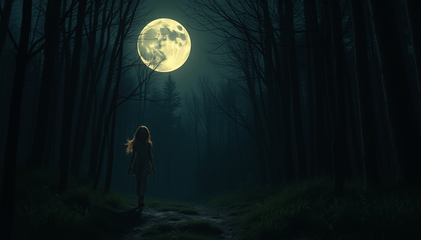 Main art studio: A young girl walks alone through a dark forest at night. Suddenly, she hears a growl behind her. She turns around and sees a wounded boy with glowing