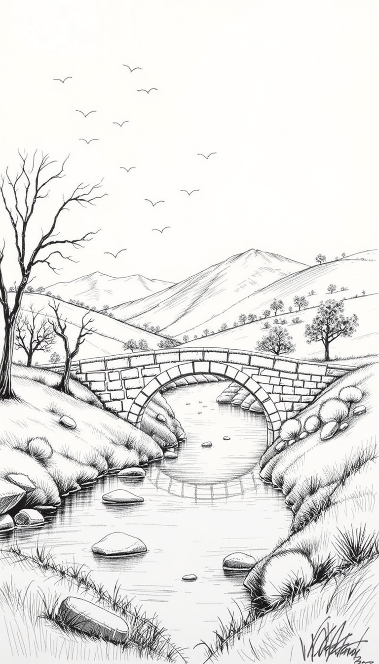 Main art studio: Un dessin de paysage au crayon de papier, en noir et blanc, de niveau intermédiaire, réaliste mais facile à reproduire à la main. Au centre, un joli p