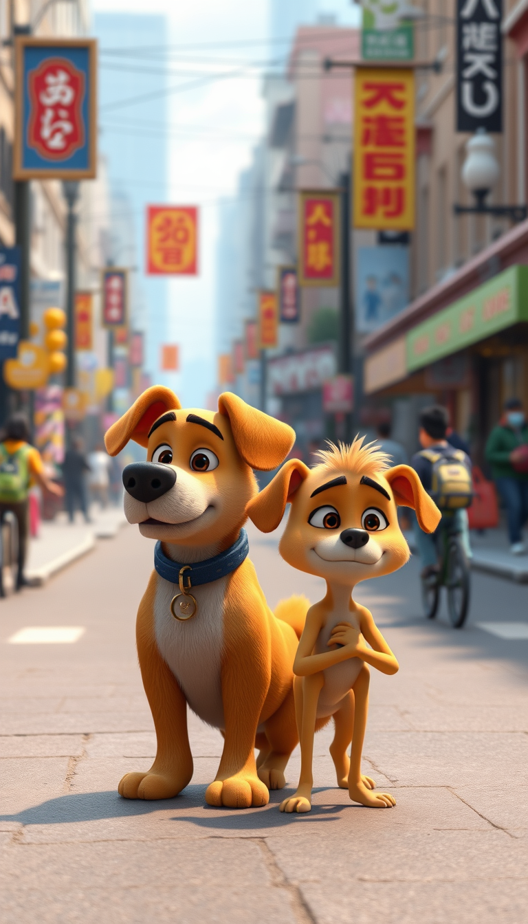 Main art studio: The same two cute 3D animated dogs, the big golden-brown dog named Bruno and the smaller skinny light-brown dog named Max, standing on opposite sides