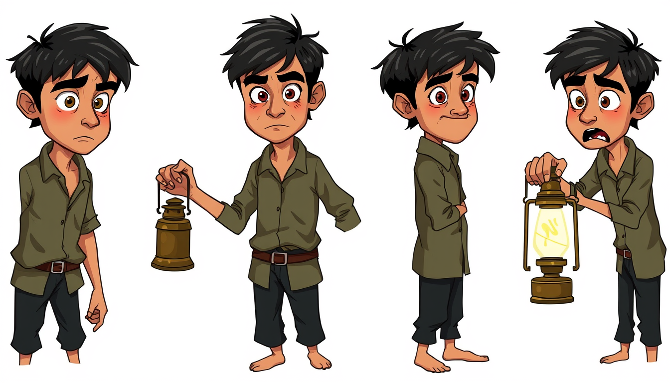 Main art studio: Character design prompt — Ravi Original 2D hand-drawn horror cartoon character sheet of Ravi, a 23-year-old Indian village man, short messy black hair