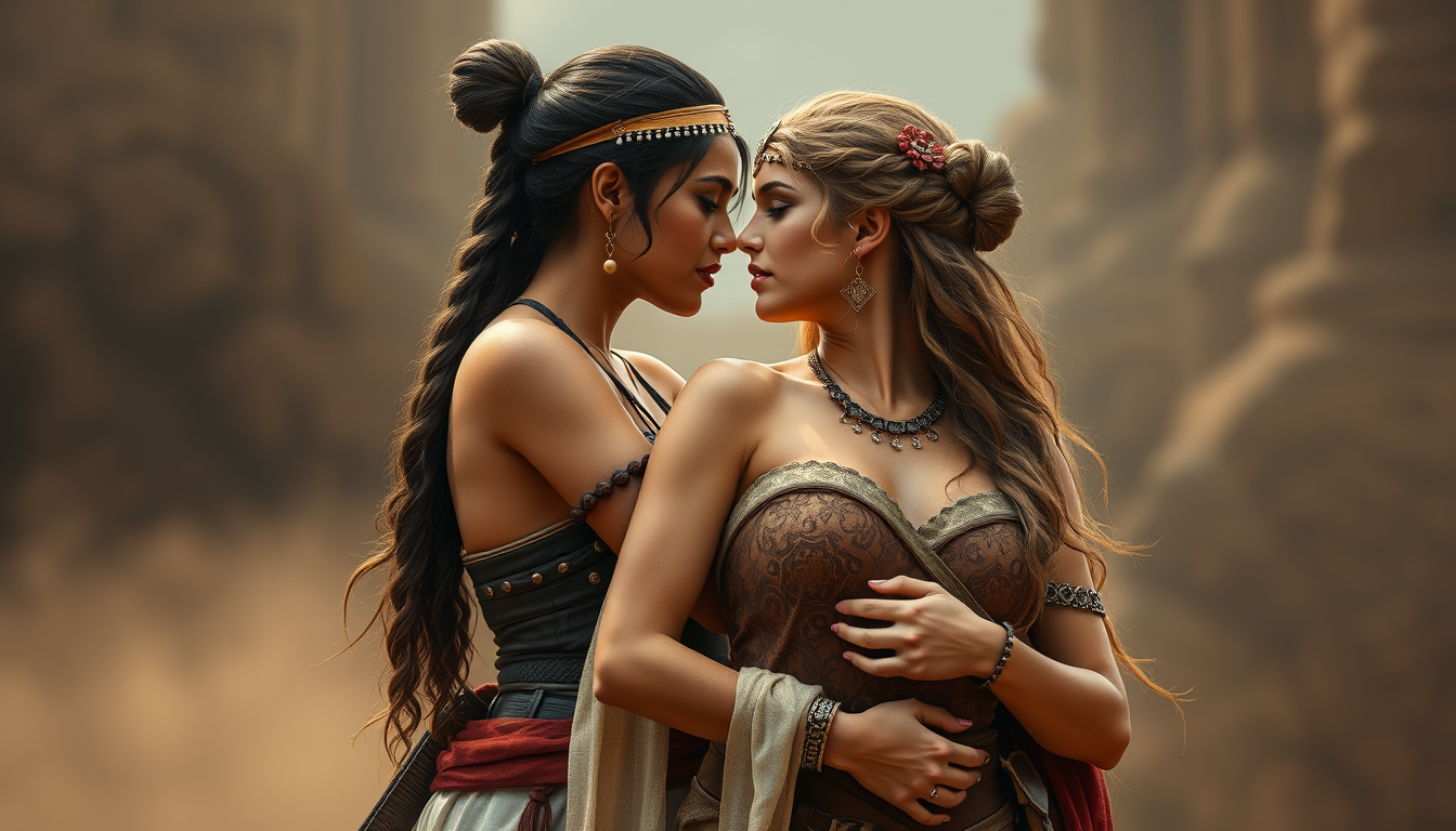 Main art studio: Nakiri, the warrior woman, behind Kathea, the Greek princess, embraces her by the waist and their lips meet.