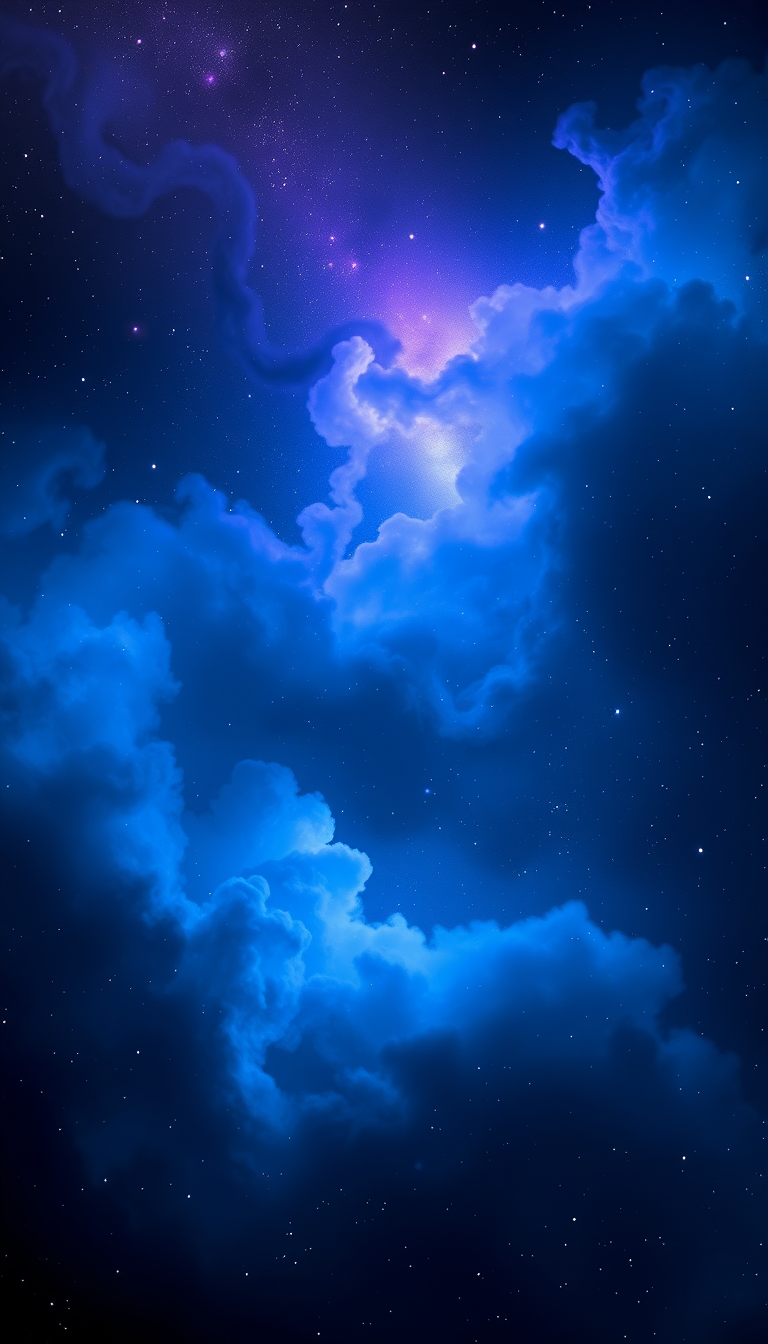 Main art studio: Create a 9:16 mobile wallpaper featuring a deep black cosmic background, glowing blue and violet nebula clouds, tiny stars, subtle galaxies, cinematic