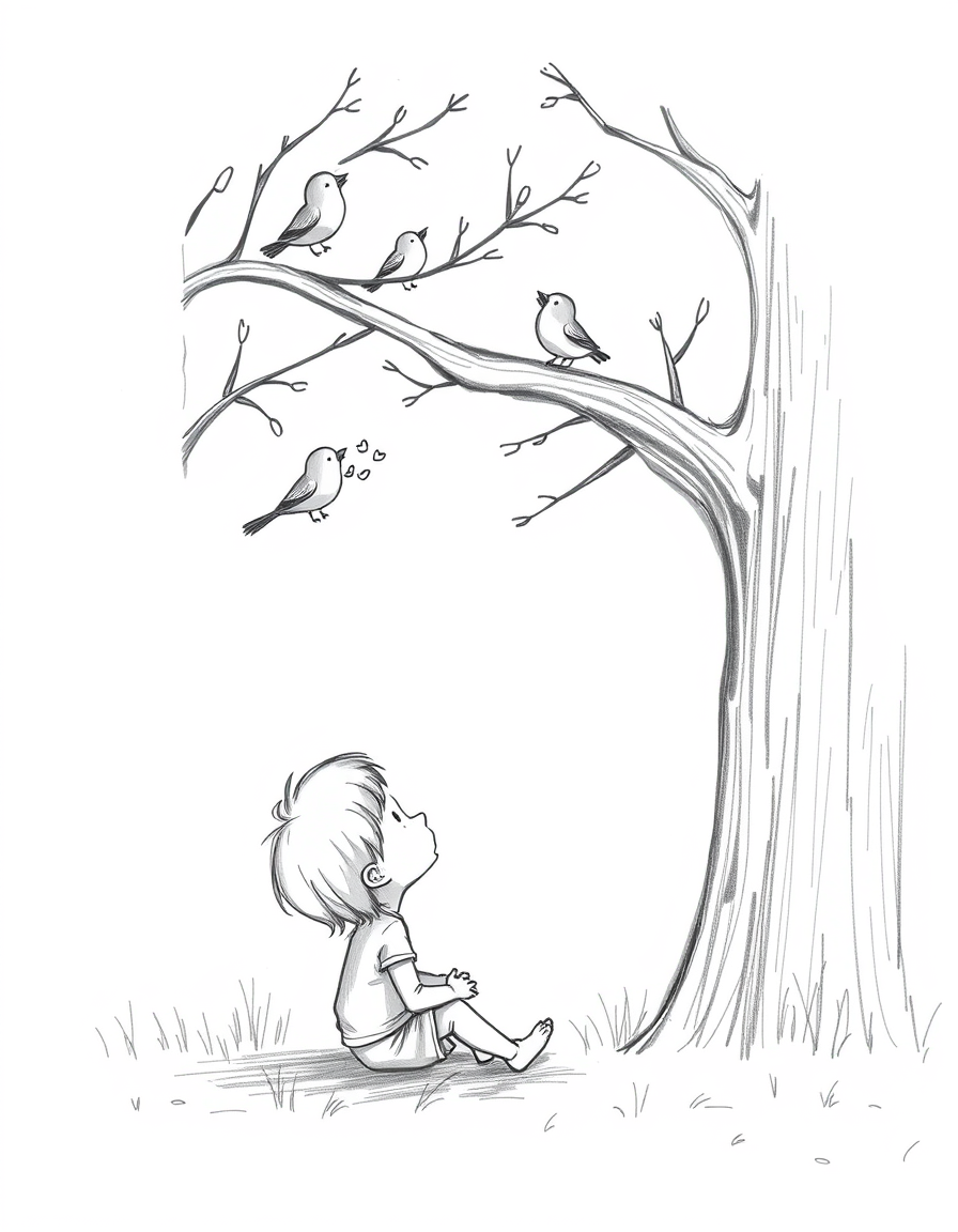Main art studio: A cute little boy sitting quietly under a tree in the morning, looking up at several small birds singing on the branches. One bird appears to be singi