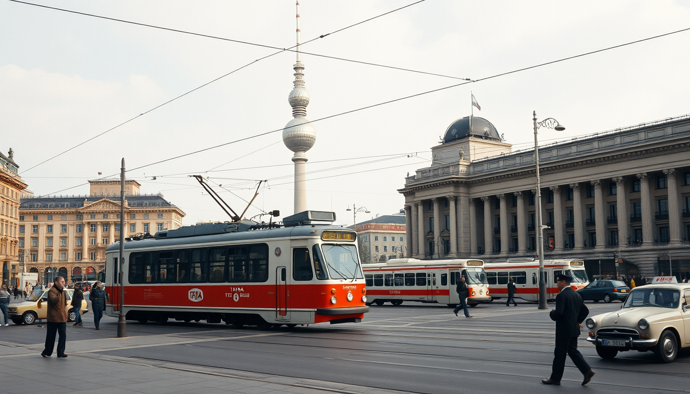 Main art studio: Photorealistic historical photograph of Alexanderplatz in East Berlin, circa 1987. The Fernsehturm rises prominently above Alexanderplatz. A classic E