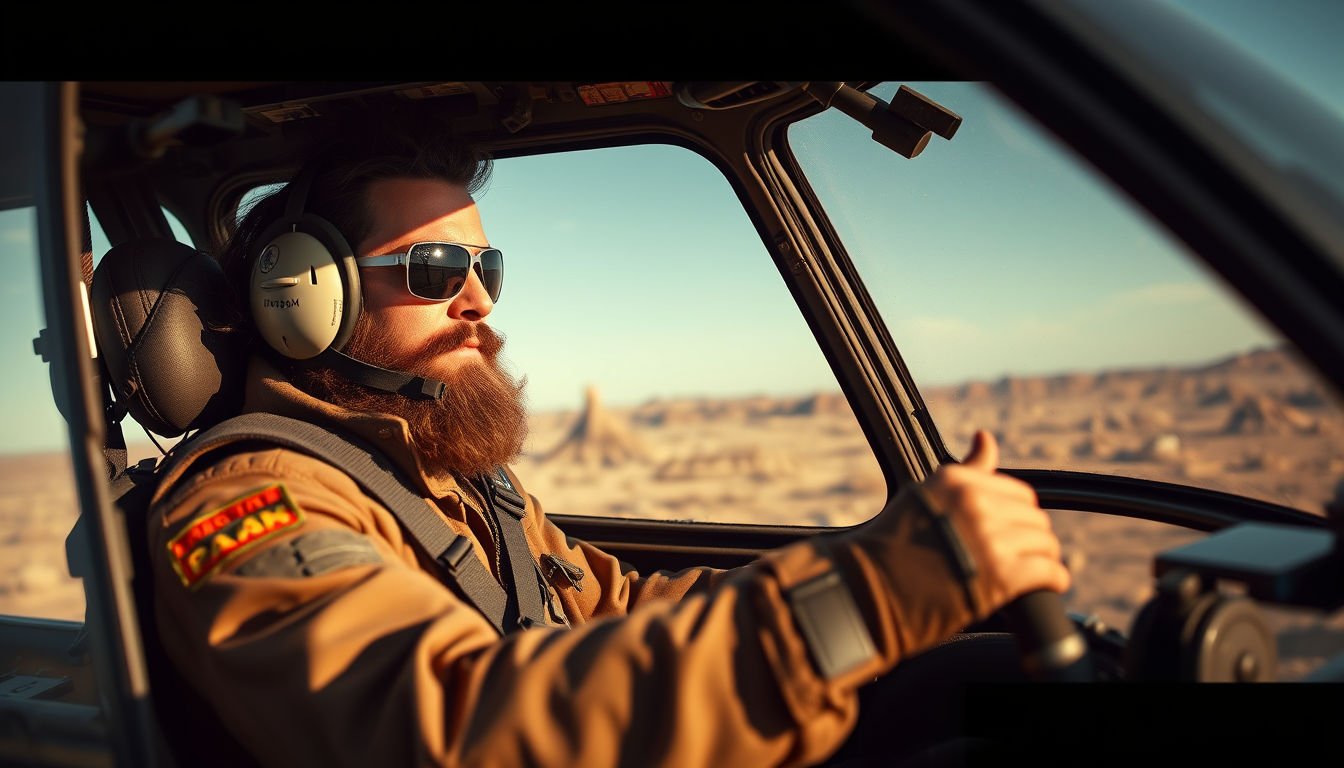 Main art studio: Create pfp of reference character piloting madmax helicopter in reference picture. Make hair beard and clothing in madmax wasteland style