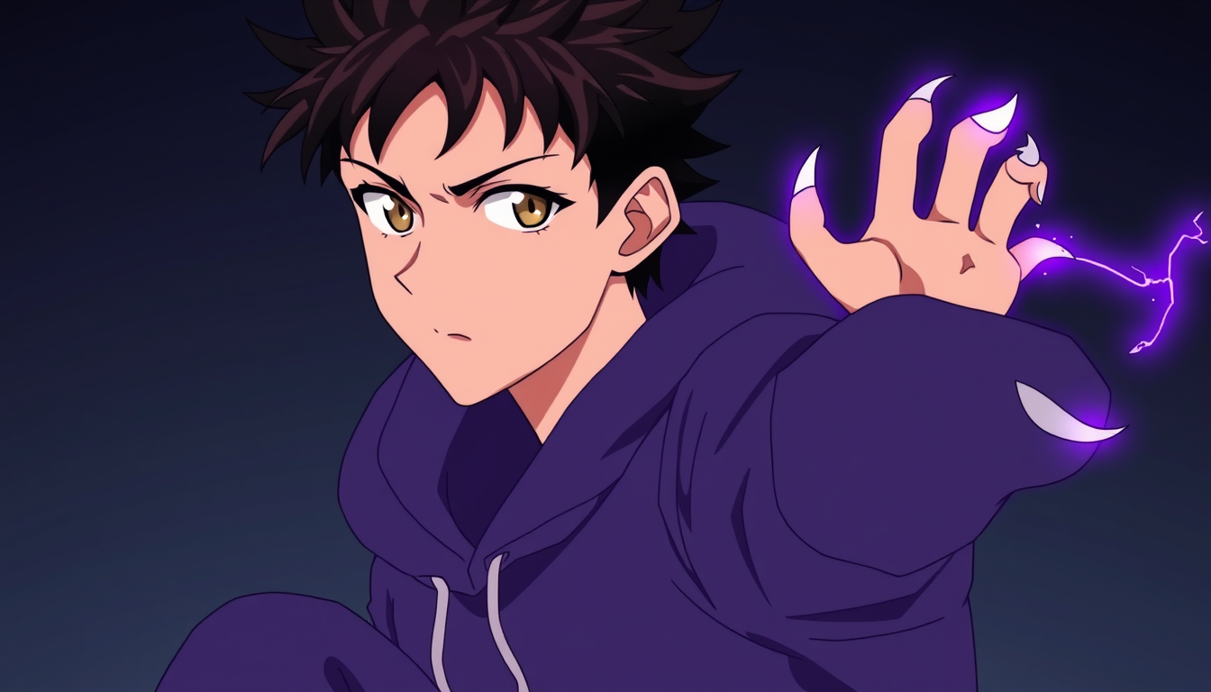 Anime Characters idea: an anime character with a legible silhouette, controlled costume language, and expressive face, deliberate composition, 16-year-old anime boy, 173 cm,