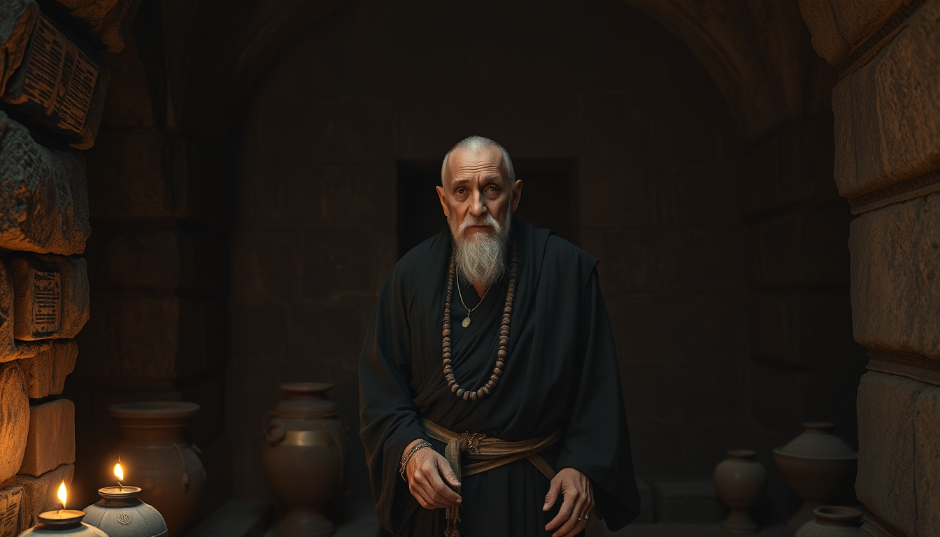 Main art studio: A mysterious old Indian tantric in traditional dark robes standing inside an ancient stone chamber, clay lamps, old manuscripts, weathered stone walls