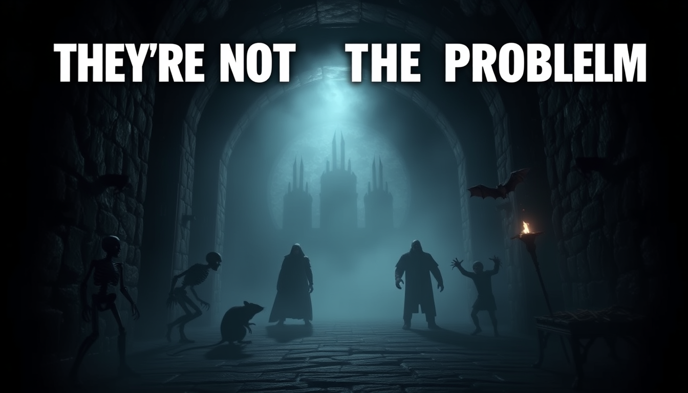 Main art studio: Dark cinematic RPG dungeon, medieval stone corridor, fog, deep shadows and dramatic torchlight. Six threatening monster silhouettes: skeleton, plague 