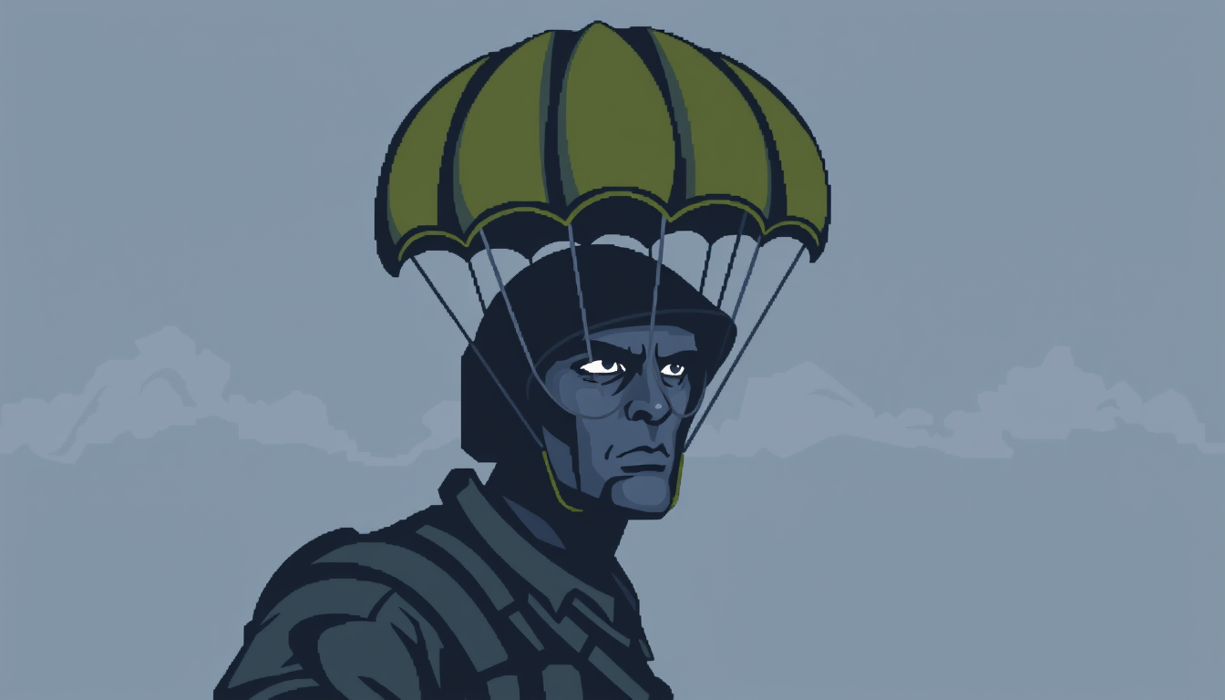 Sprites idea: a single readable game sprite with a controlled silhouette, palette, scale, and viewing angle, deliberate composition, Paratrooper from world war two