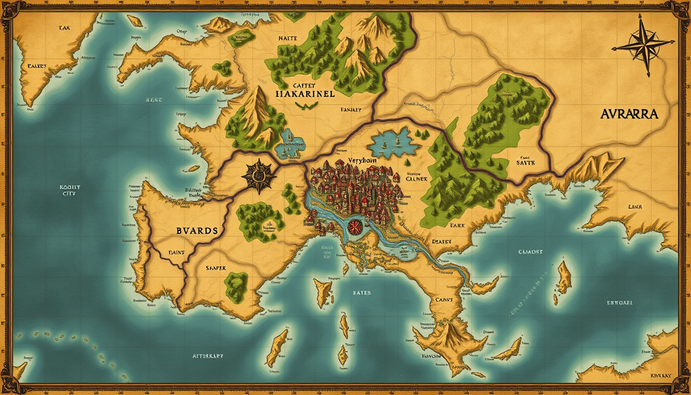 Fantasy Maps idea: a readable fictional world map with coherent coastlines, terrain regions, routes, and landmarks, deliberate composition, Create a detailed fantasy con