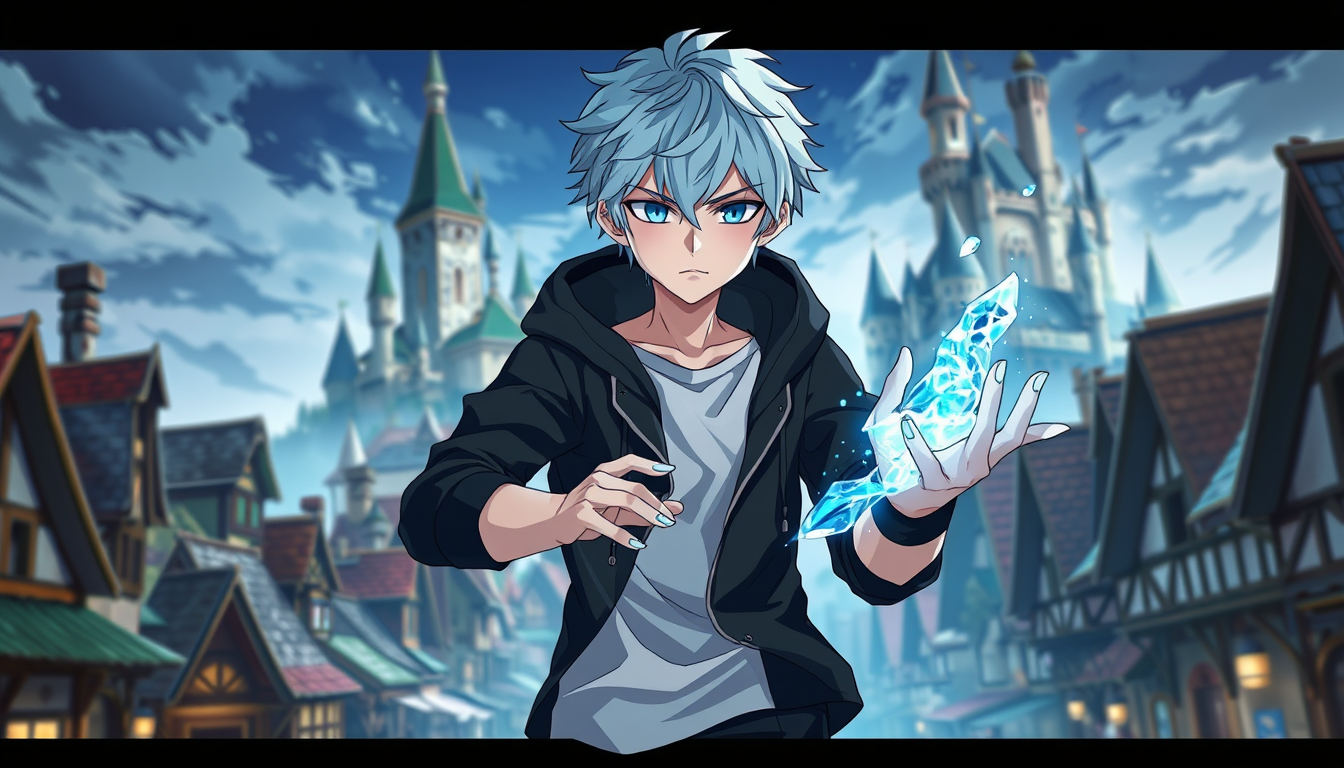 Main art studio: anime boy, young adult, short light blue hair, sharp blue eyes, cold and serious expression, diamond-shaped face, wearing a white t-shirt, black hoode