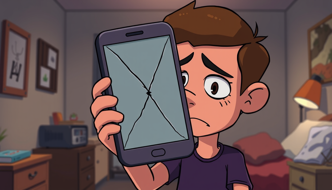 Main art studio: Same exact cartoon character and visual style, holding an old smartphone with a large diagonal crack across the screen, staring at it with a frustrate