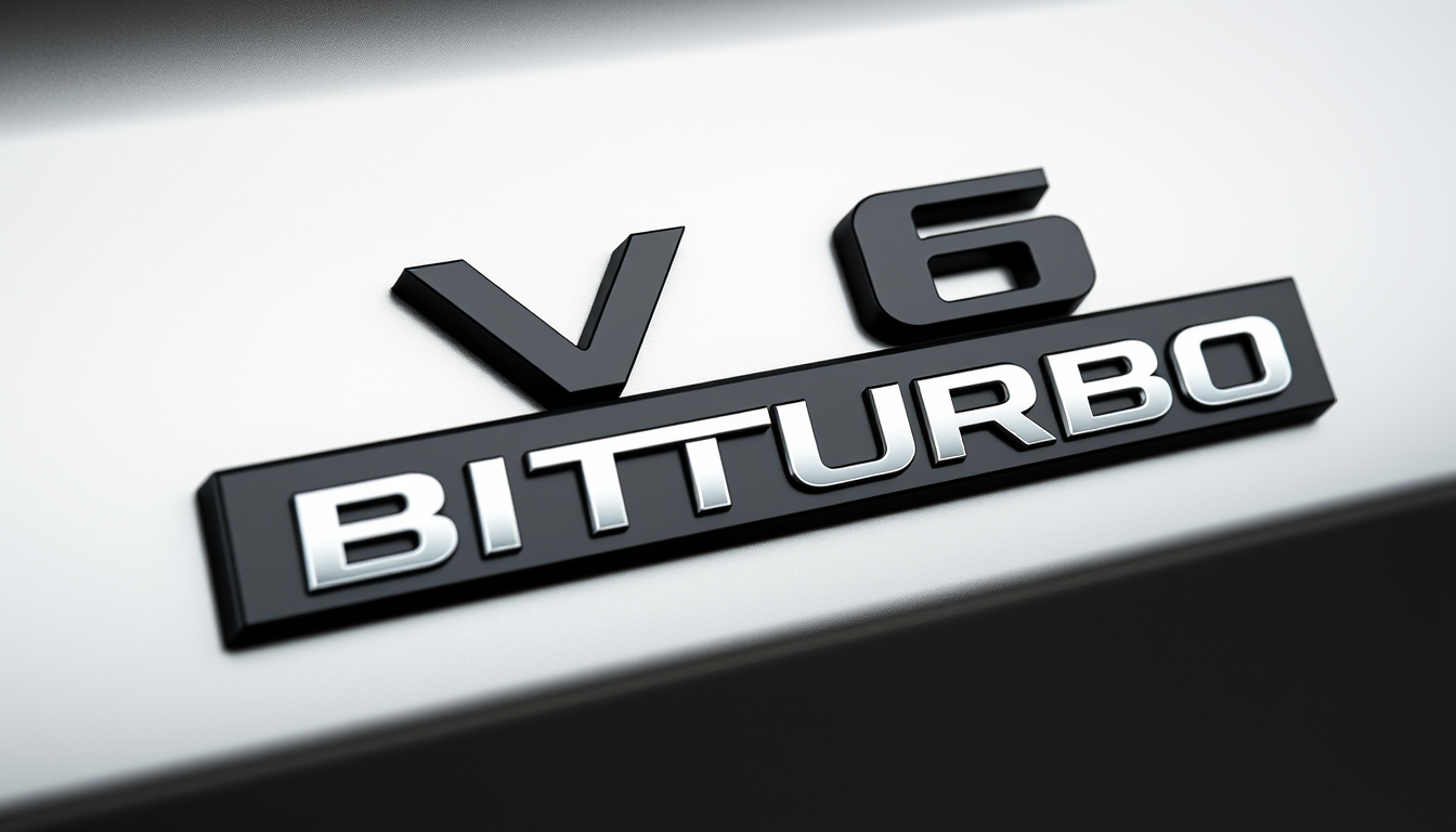 Main art studio: A clean professional badge 3D design mockup, showing the text "V6 BITURBO" as a premium OEM-style design. Total badge width approximately 110 mm, "V6"