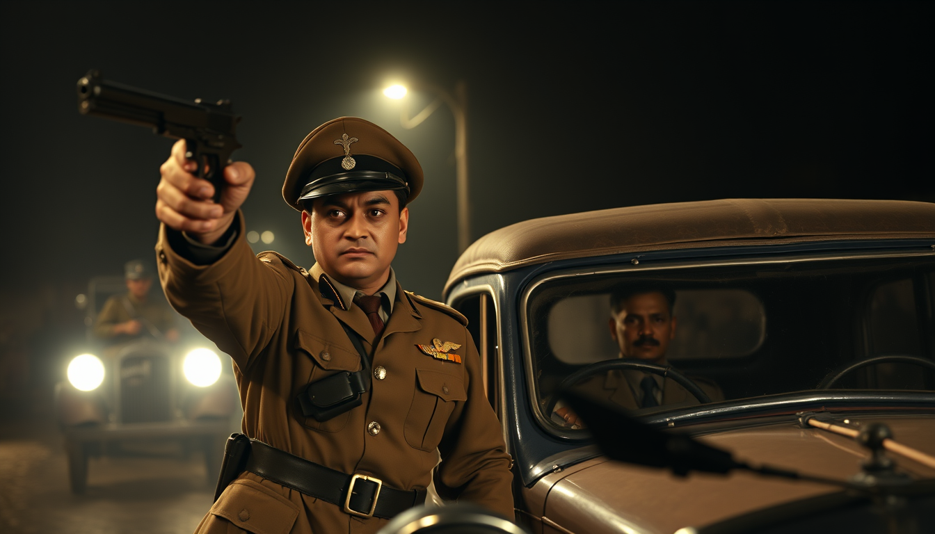 Main art studio: Ultra photorealistic cinematic 4K historical reconstruction, Shrikant Jung Bahadur in a 1940s colonial officer uniform raising a period handgun toward