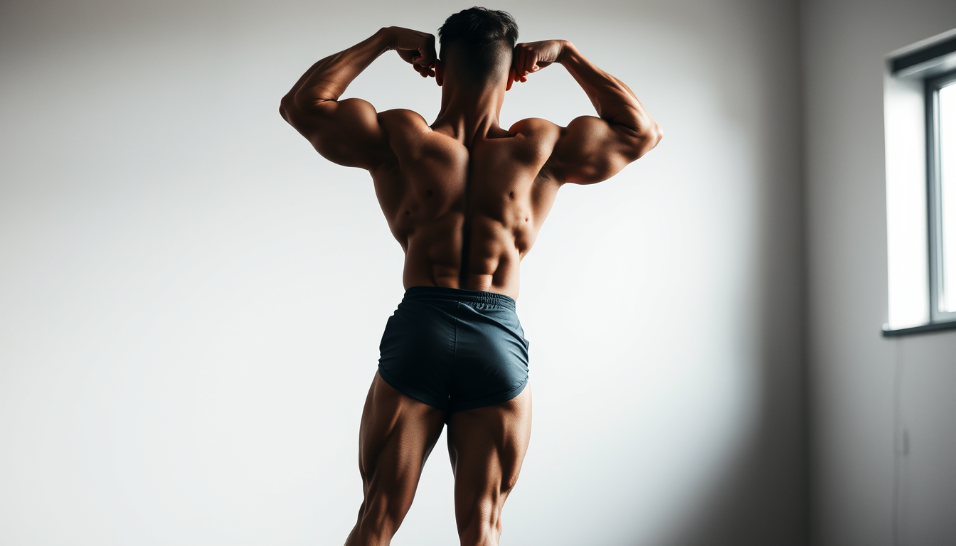 Main art studio: Ganzkörperfoto eines Bodybuilders von Kopf bis Fuß sichtbar. 30 Jahre alt. Posing-Trunk rubinrot. Schmaler Wettkampf-Posing-Trunk. Körpergröße 1,86 M.