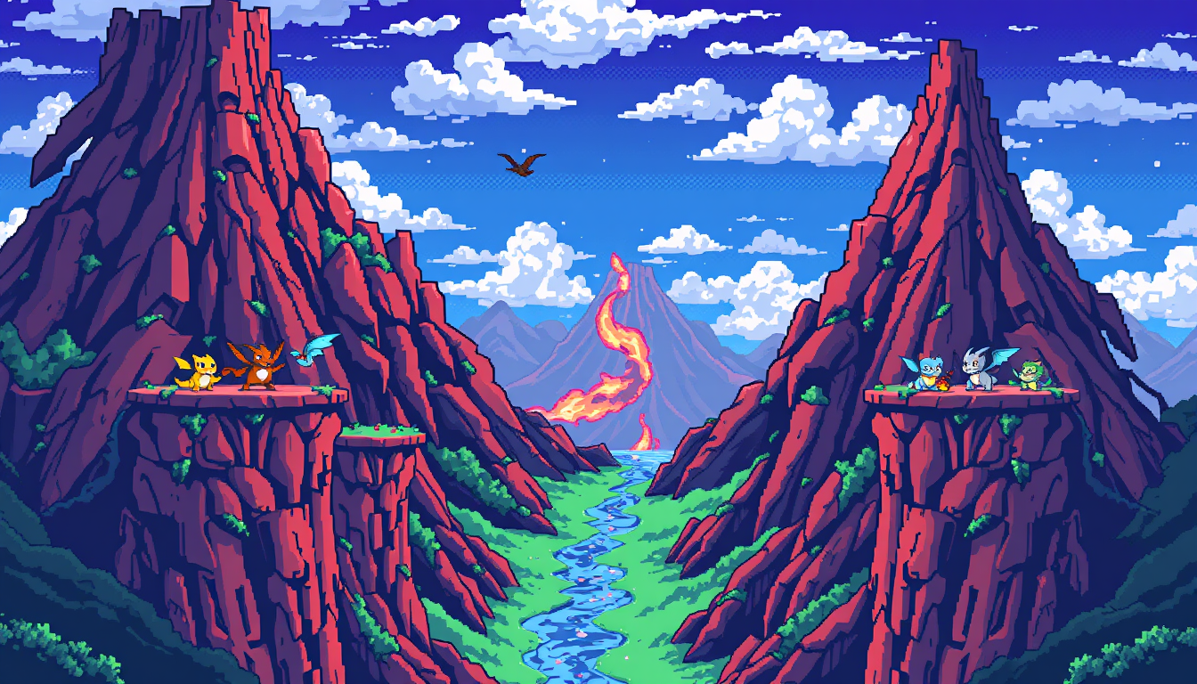 AI Pixel Art idea created from the prompt: pixel art, 32x32 sprite scale, limited palette, retro 16-bit game art, escenario de batalla de pokemon en un volcan con dos plataformas a lo