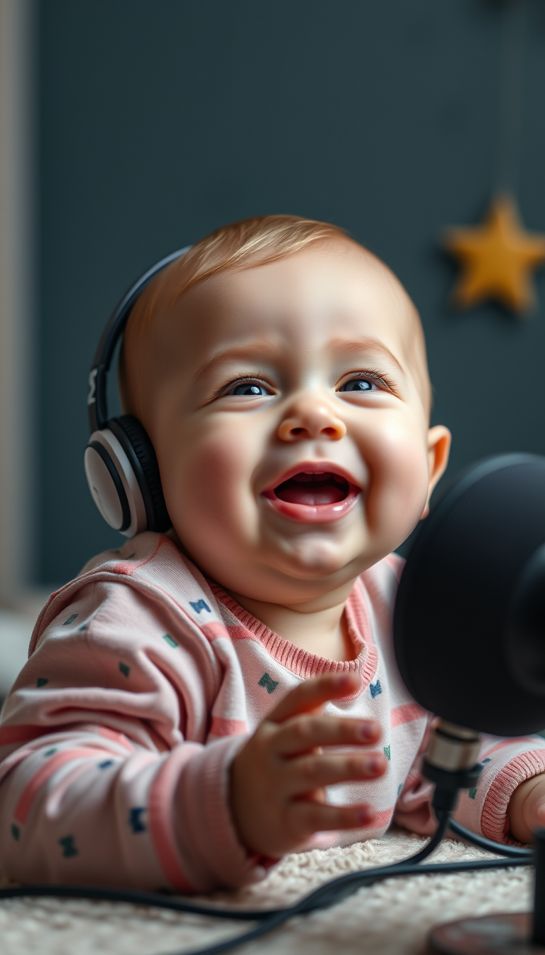 Main art studio: make an image of a baby who is doing podcast of his little friend