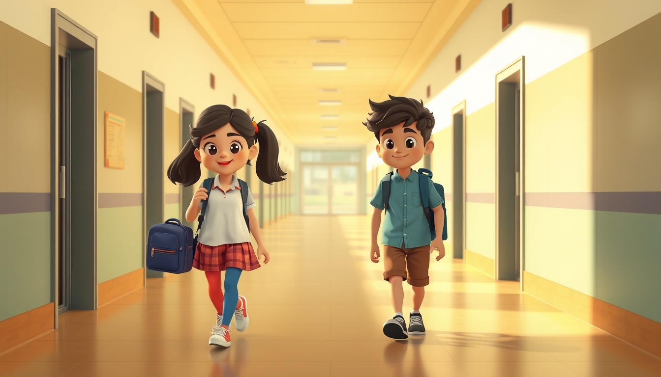 Main art studio: Two cute cartoon school students are in the same Indian school corridor. The girl walks on the left with her school bag. The boy walks on the right wi