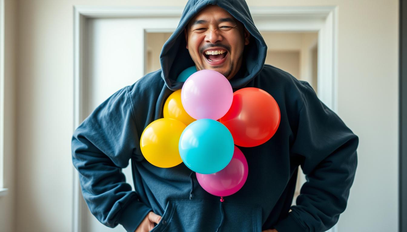 Main art studio: A funny, playful photo of a person wearing an oversized hoodie with several colorful balloons hidden underneath, making their body look comically over