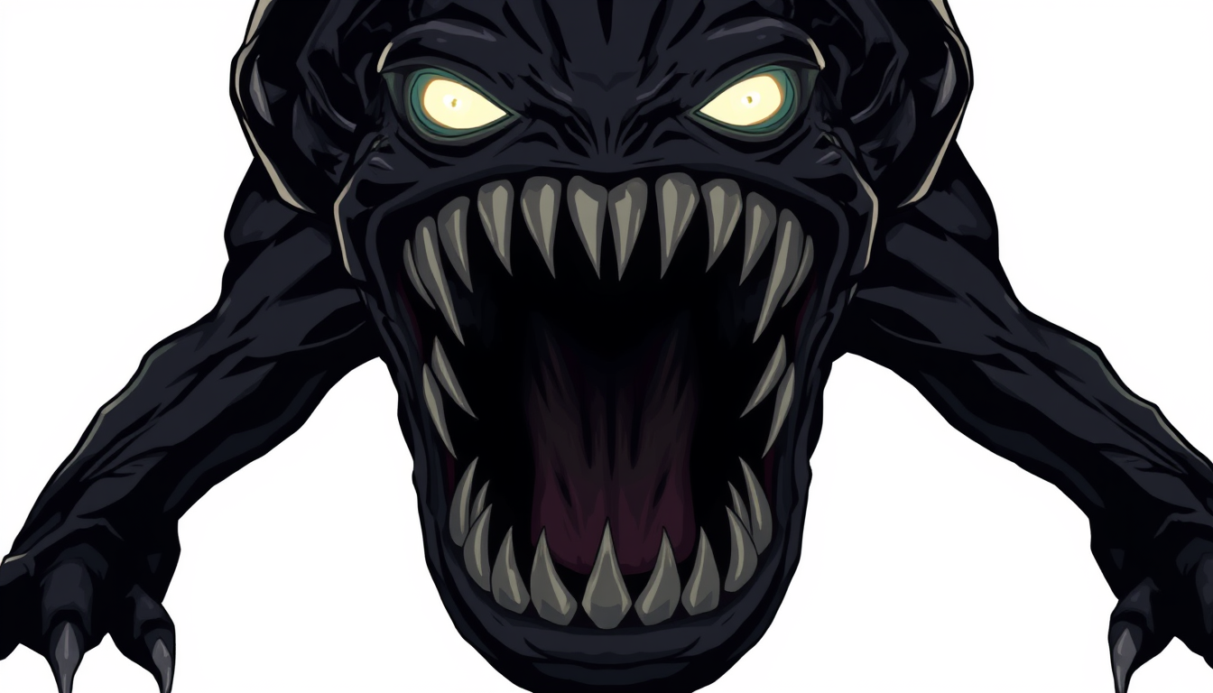 Main art studio: A terrifying giant black horror monster for a 2D video game, enormous head, gigantic mouth wide open, rows of long sharp crooked teeth, glowing white