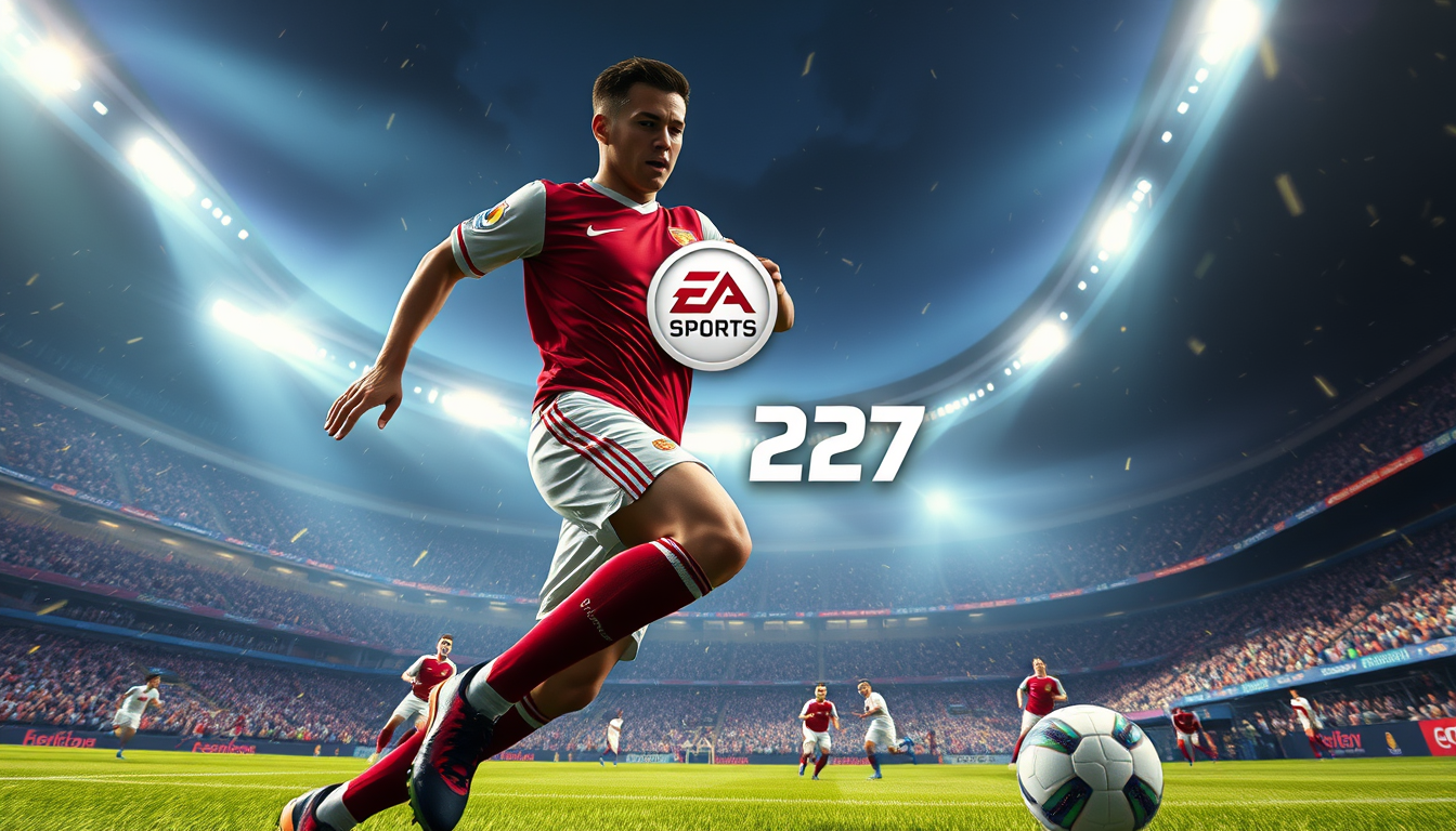 AI Art prompt example created from the prompt: EA Sports FC 27, cinematic football action, elite football player in a dramatic stadium, intense match atmosphere, realistic players, powerf