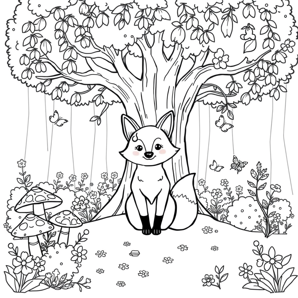Main art studio: A cute friendly fox sitting under a large tree in a magical forest. Mushrooms, flowers, leaves, small bushes and butterflies surround the fox. Wholeso