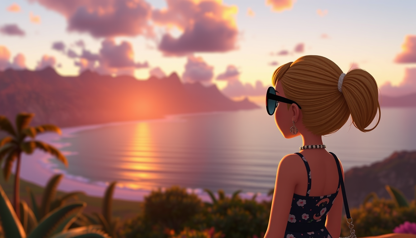 Main art studio: . Scene 7: Chloe watching the sunset from a scenic Hawaiian lookout, ocean and mountains in the distance, peaceful cinematic moment, cute 3D cartoon m