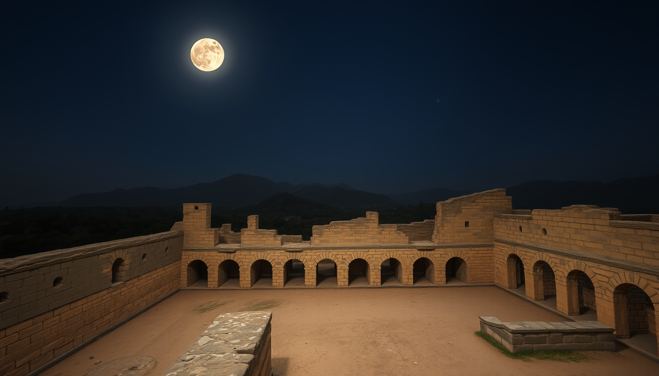 Main art studio: The real Bhangarh Fort ruins at night beneath a bright moon, ancient stone walls, broken palace arches and empty courtyards, Aravalli hills in the dis