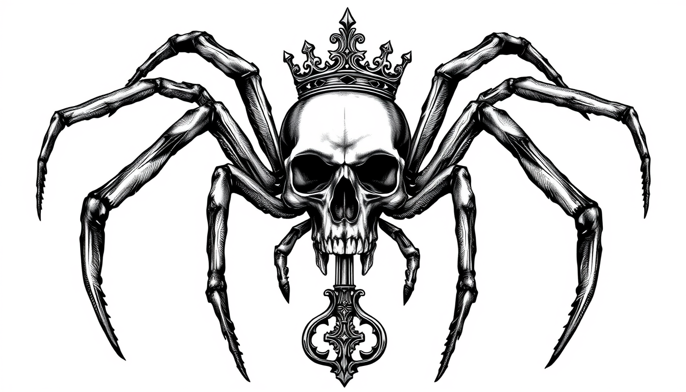 Main art studio: Black-and-white tattoo design of a surreal Black Widow hybrid. Its abdomen is shaped like a realistic human skull. Replace the spider’s head and thora