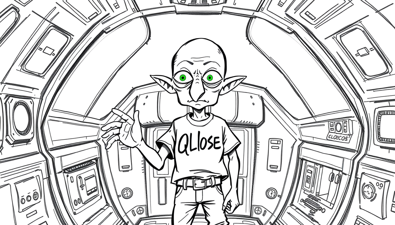 Main art studio: 2D HAND-DRAWN CARTOON. The SAME bald Qllose captain stands inside the spaceship explaining something dramatically. EXACTLY THREE SEPARATE EYES across