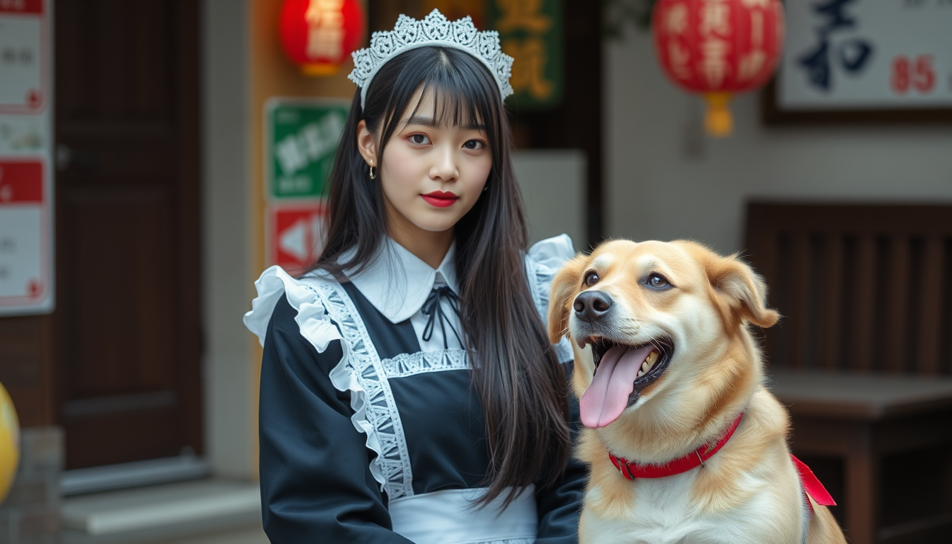 Main art studio: Korean black long hair girl wear maid and she is acting like a dog brause of someone