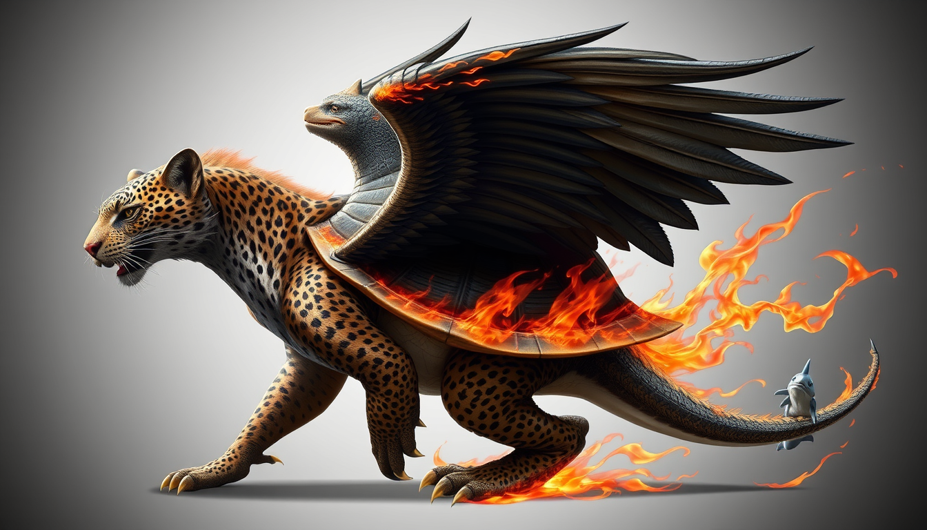 Main art studio: A single unified fantasy hybrid creature: a realistic leopard head, large eagle wings, a huge turtle shell covering its back, a dolphin tail, and magi