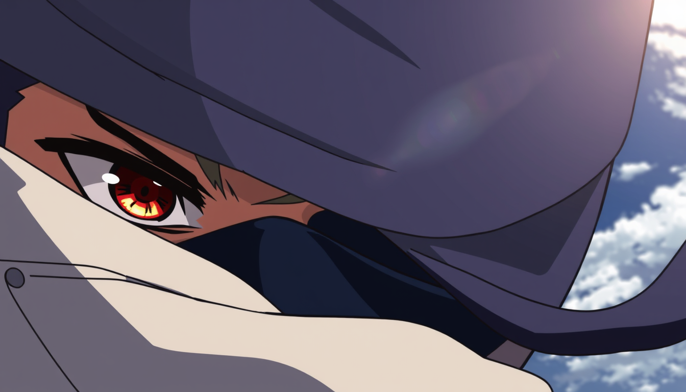 Main art studio: crie imagem de um anime de ninja no angulo normal de frente de olhos azus