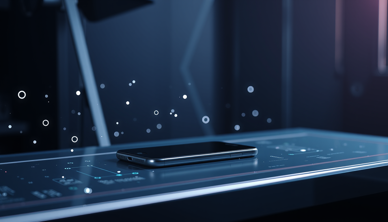 Main art studio: Premium cinematic ad for an AI tools channel. A modern smartphone on a sleek futuristic desk, surrounded by subtle glowing AI interface elements and f