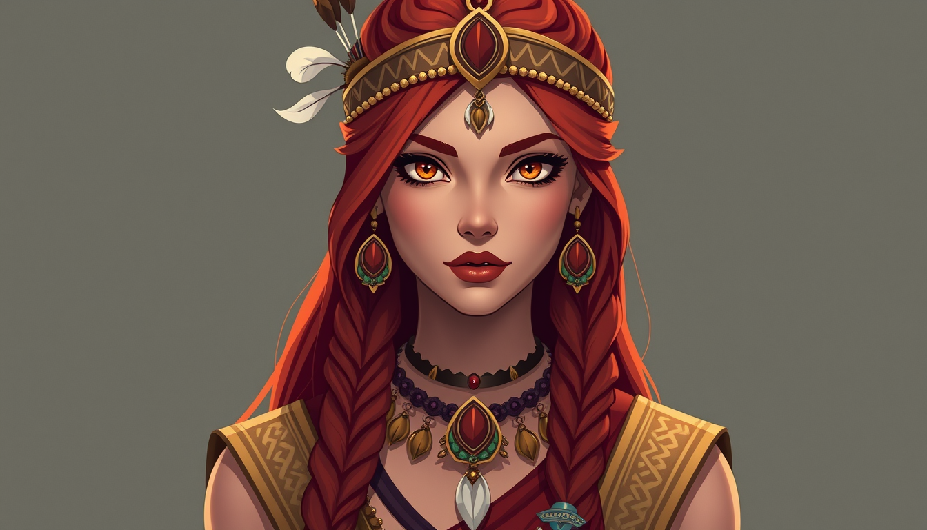 Characters idea: an original character defined by silhouette, role, outfit, palette, and expression, deliberate composition, Indian princess with amber eyes and red ha