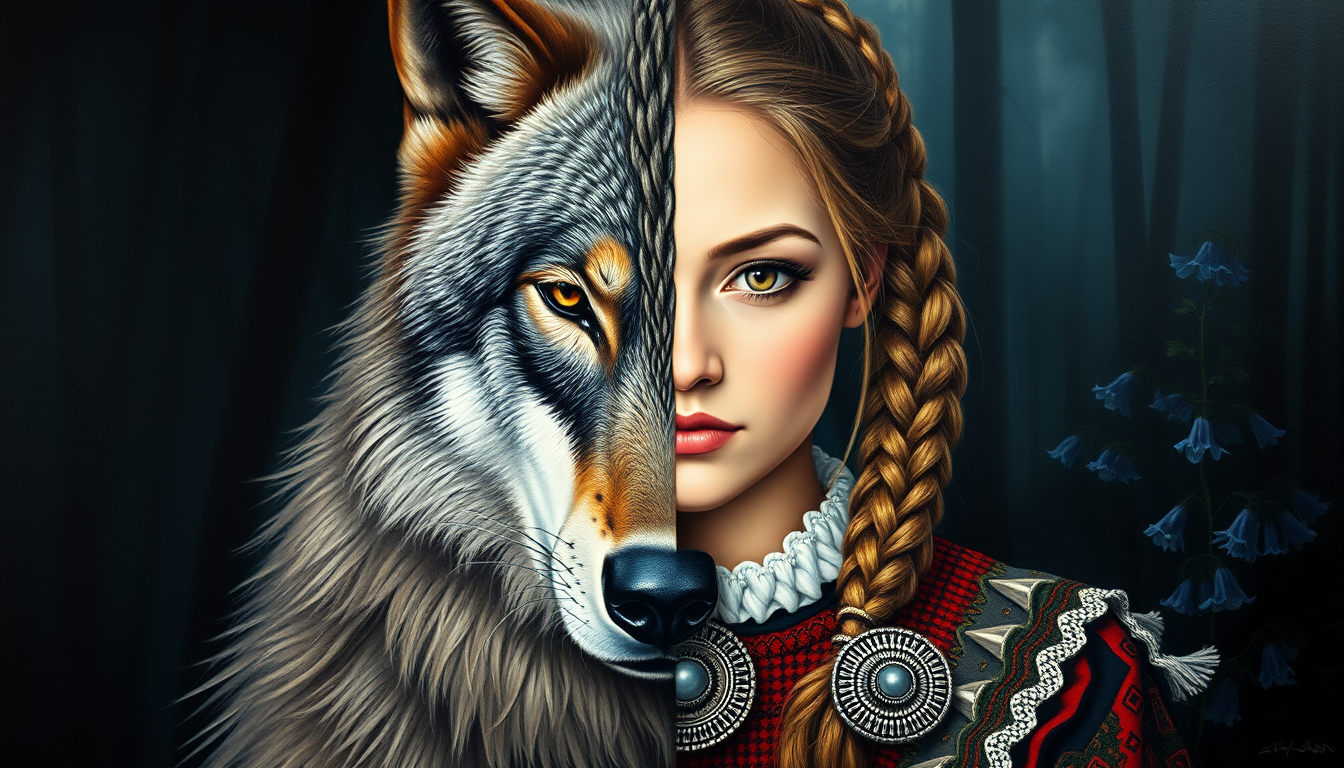 Main art studio: A striking oil painting of a mystical werewolf transformation, 40x50 canvas. A beautiful young Estonian woman blends seamlessly down the center into a