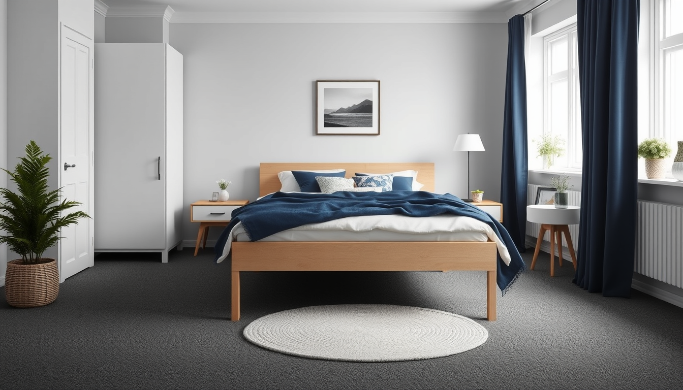 AI Art prompt example created from the prompt: A bedroom design with the ikea Bett Tarva. On Both sides I want a small nightstand. The floor is dark grey carpetand I want a round light ca