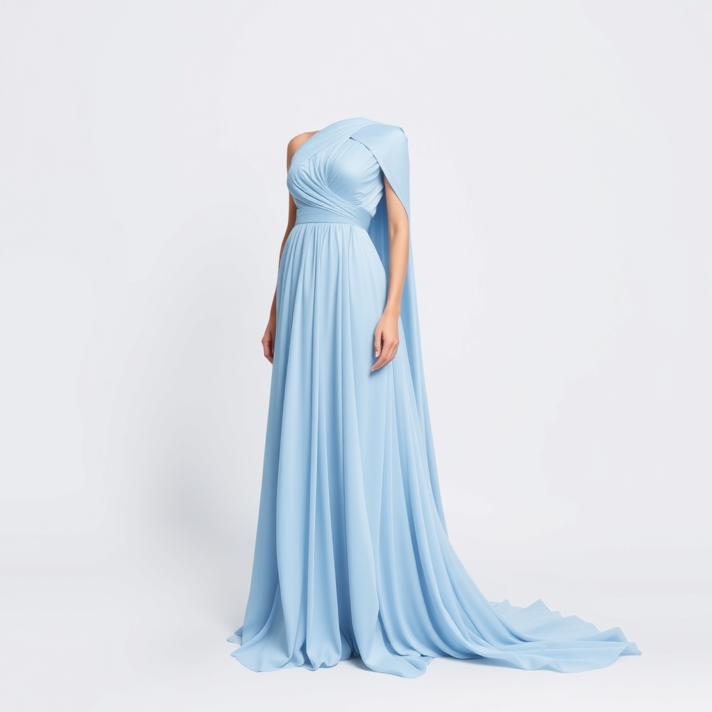 Main art studio: Minimalist Grecian couture dress, icy blue silk chiffon, long straight silhouette, sculptural draped neckline, soft flowing pleats, elegant fitted wai