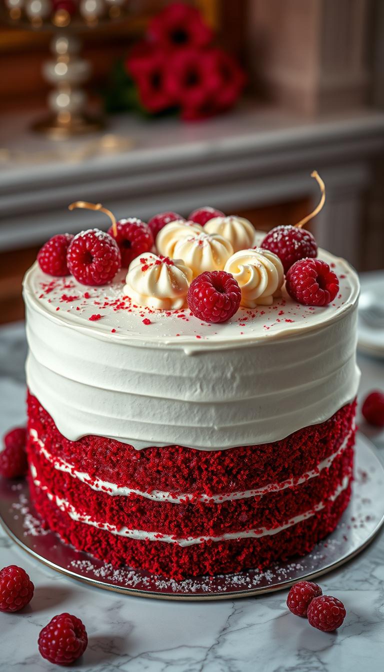 Main art studio: Ultra-realistic red velvet cake, covered in smooth rich cream cheese frosting with beautiful red velvet cake layers clearly visible. Decorated with el